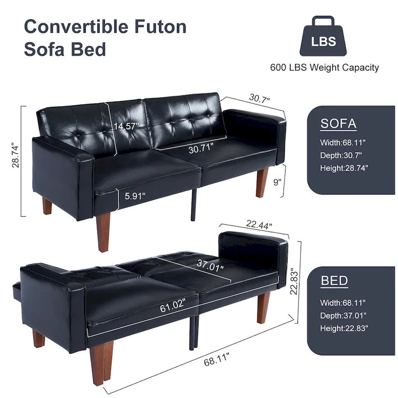 Canapé-lit futon en similicuir gris / marron / noir, réglable, 2 places