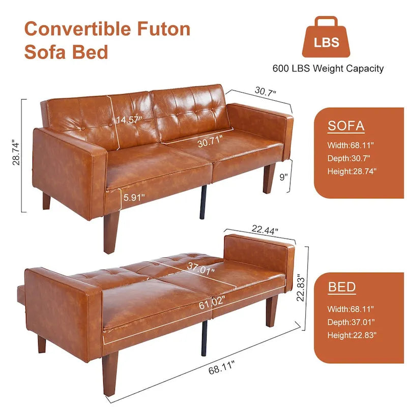Canapé-lit futon en similicuir gris / marron / noir, réglable, 2 places