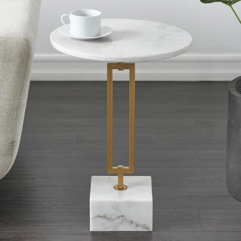 Table d'appoint ronde en marbre blanc avec pied en métal doré, simple